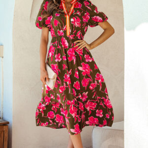 Green Floral Print Striped Trim Split Neck Short Puff Sleeve Ruffle Hem Maxi Dress