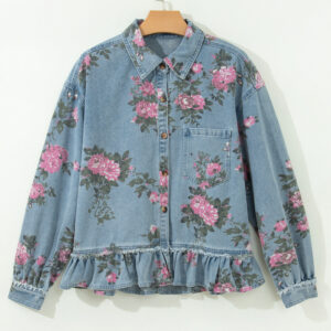 Sky Blue Floral Print Raw Seam Ruffle Hem Denim Jacket